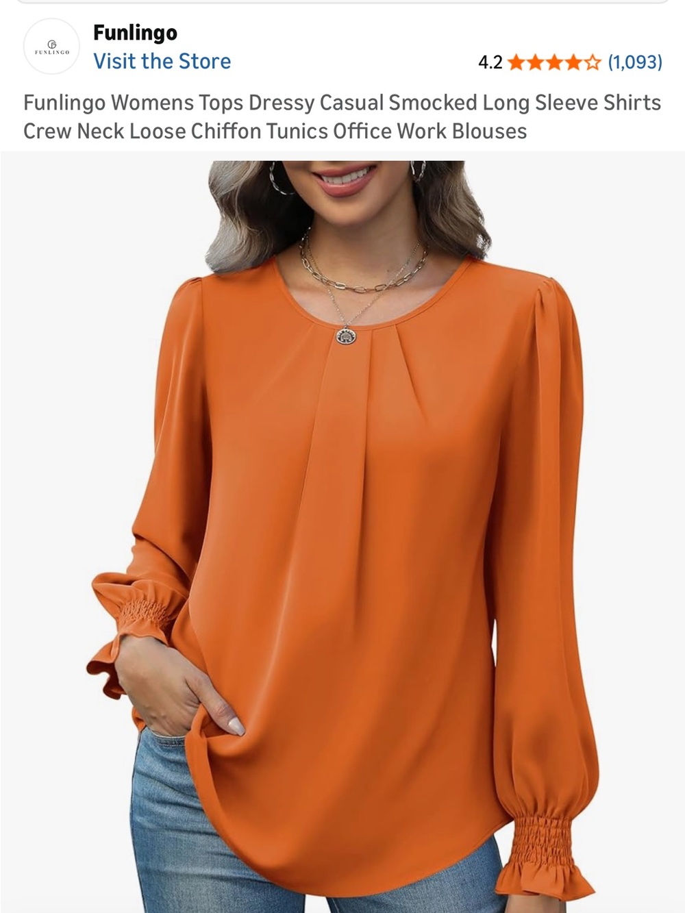 Funlingo Chiffon Women's Long Sleeve Orange Smocked Cuff Blouse